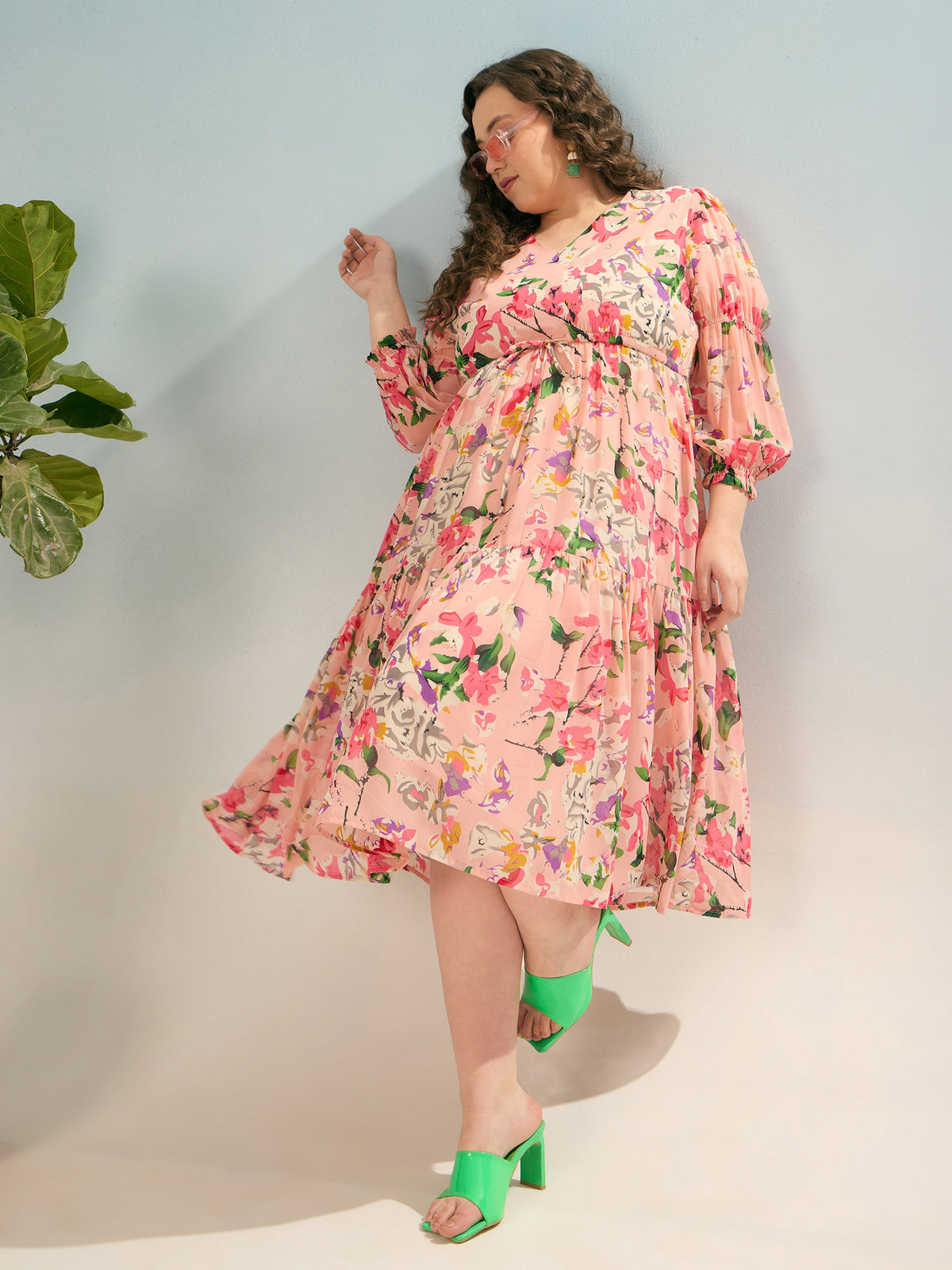 Pink Floral Tiered Midi Dress-SASSAFRAS Curve