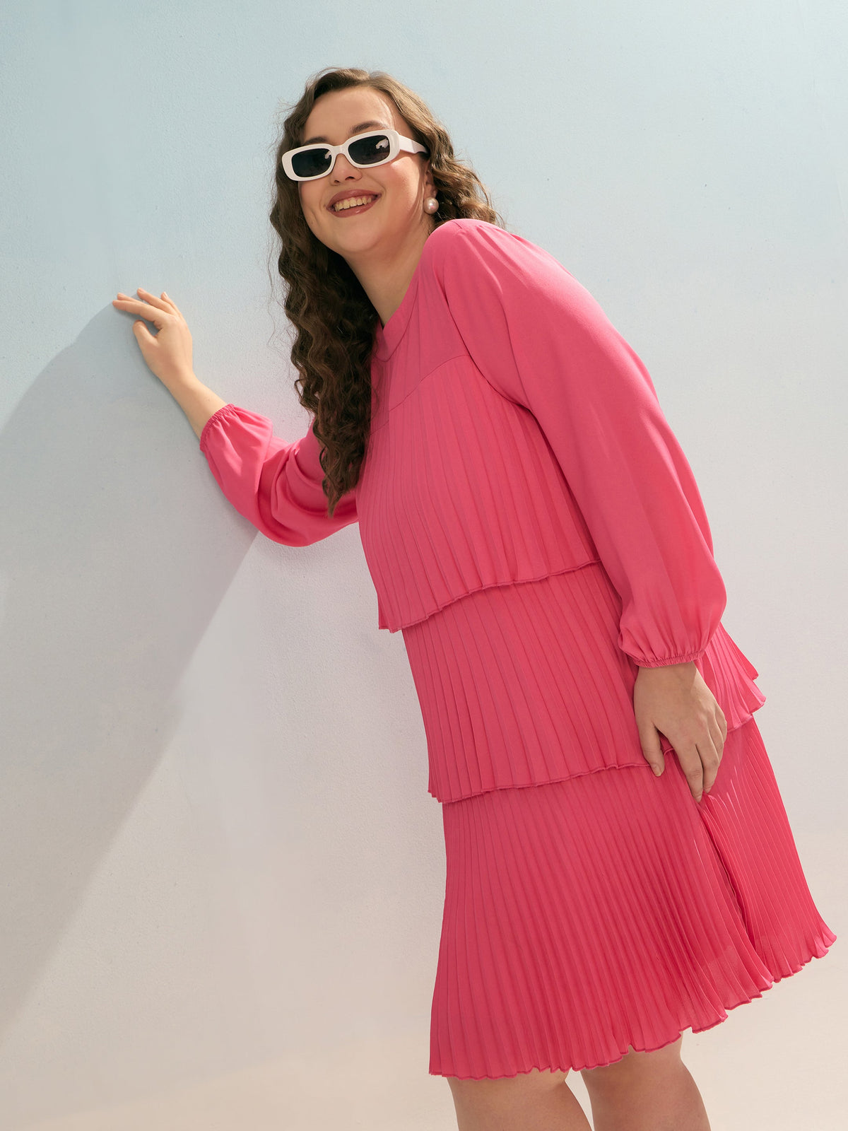 Pink Pleated Skater Tiered Dress-SASSAFRAS Curve