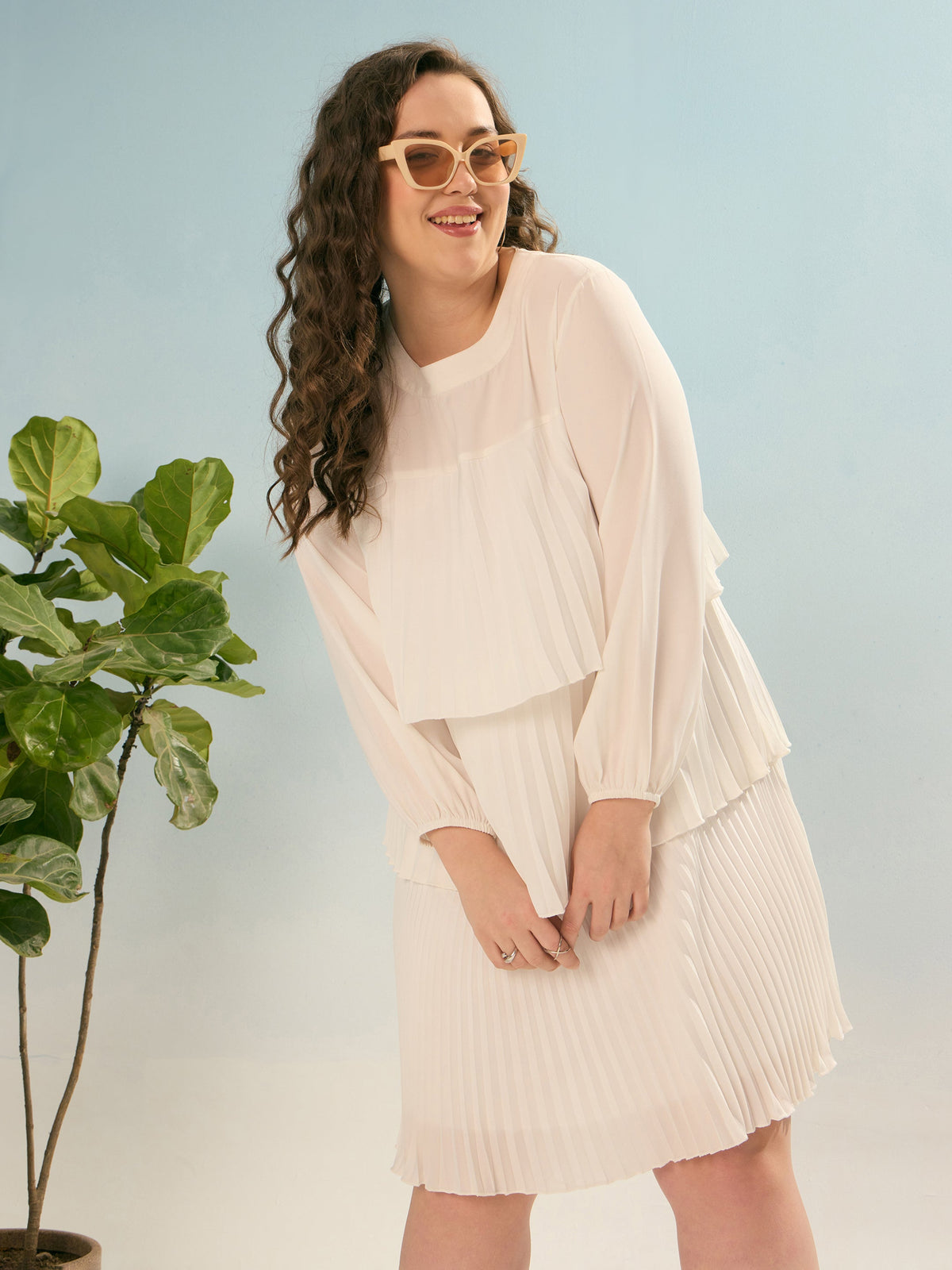 White Pleated Skater Tiered Dress-SASSAFRAS Curve