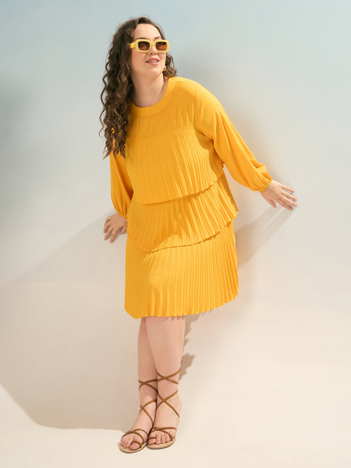Mustard Pleated Skater Tiered Dress-SASSAFRAS Curve