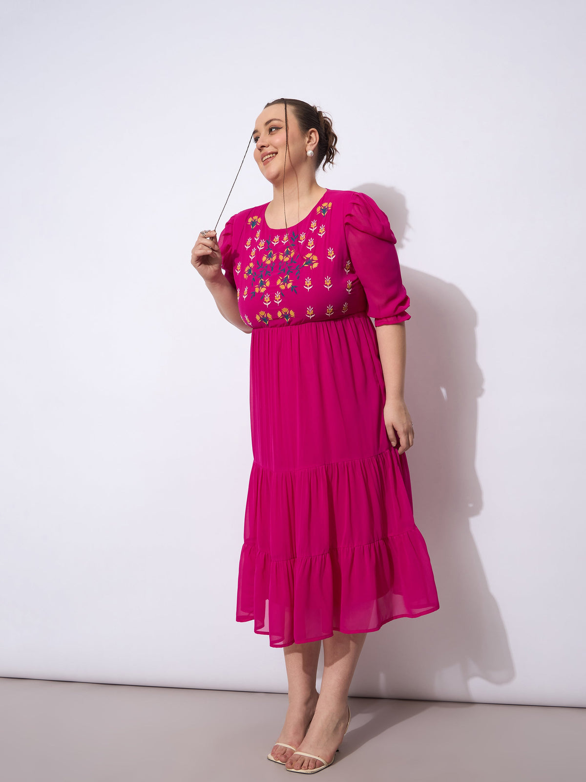 Fuchsia Embroidered Georgette Tiered Midi Dress-SASSAFRAS Curve