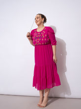 Fuchsia Embroidered Georgette Tiered Midi Dress-SASSAFRAS Curve