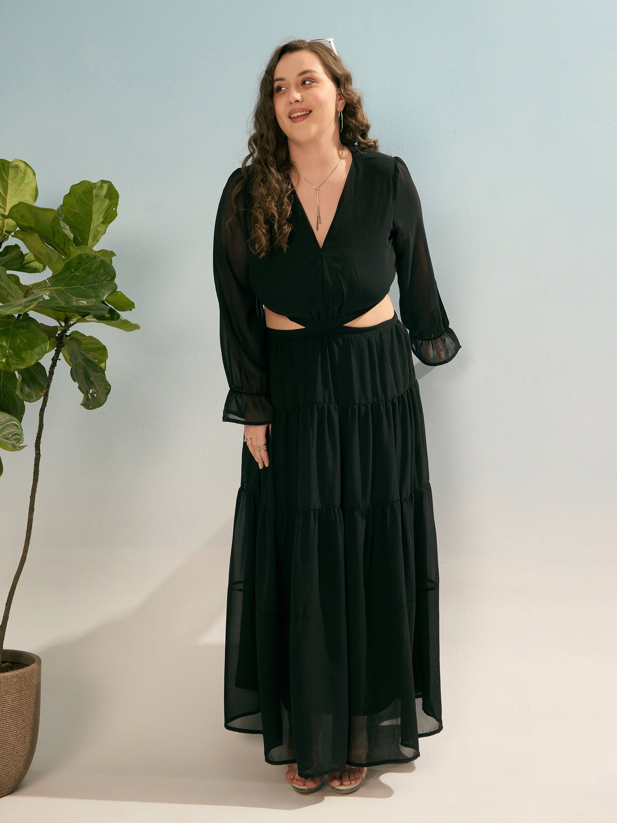 Black Solid Waist Cut-Out Maxi Dress-SASSAFRAS Curve