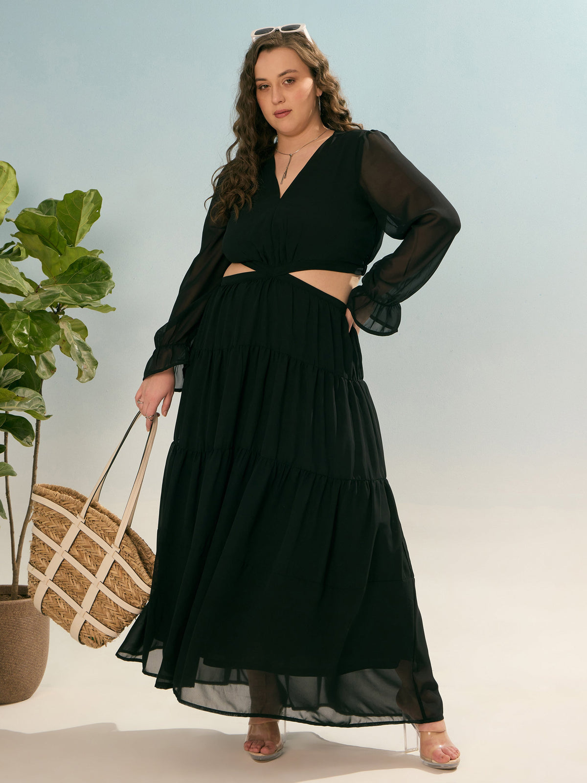 Black Solid Waist Cut-Out Maxi Dress-SASSAFRAS Curve