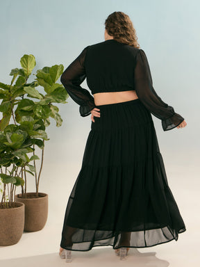 Black Solid Waist Cut-Out Maxi Dress-SASSAFRAS Curve