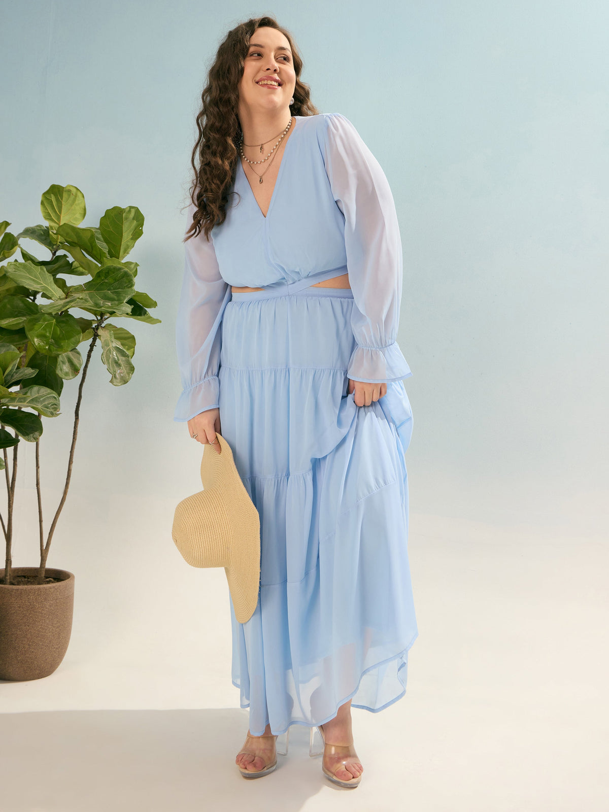 Sky Blue Solid Waist Cut-Out Maxi Dress-SASSAFRAS Curve