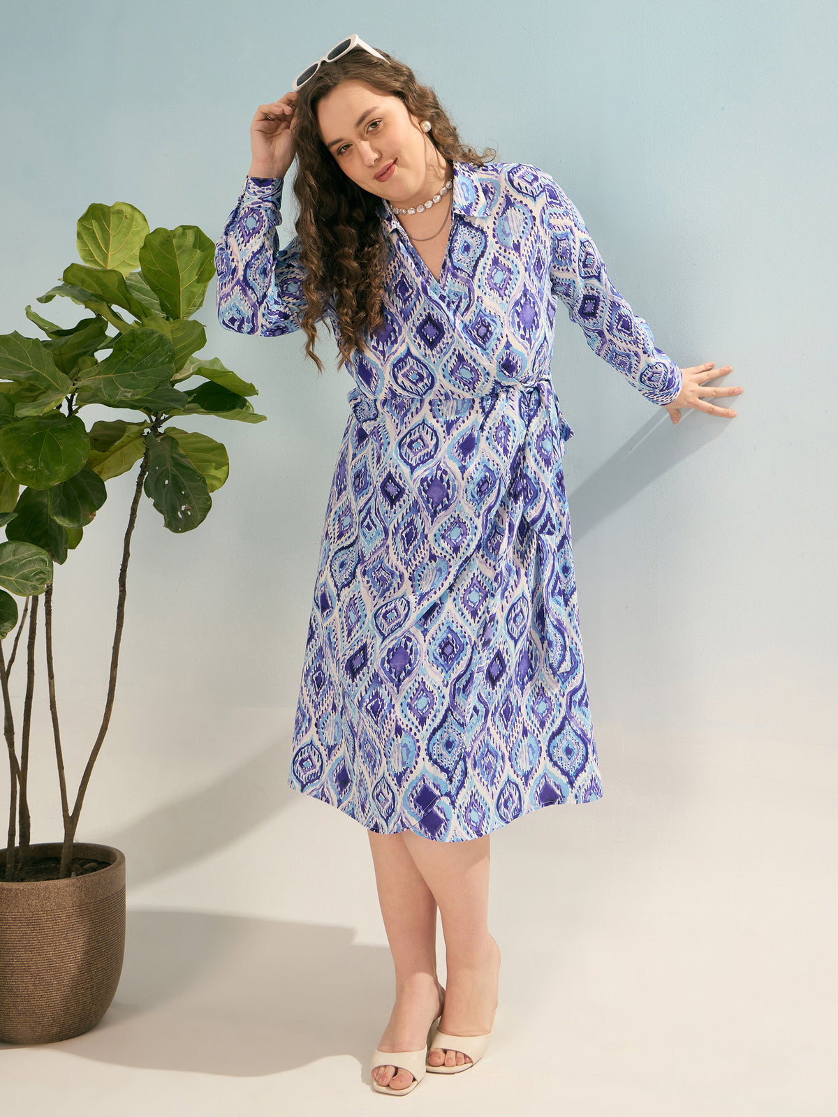 Blue Printed Wrap Midi Dress-SASSAFRAS Curve