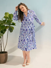 Blue Printed Wrap Midi Dress-SASSAFRAS Curve