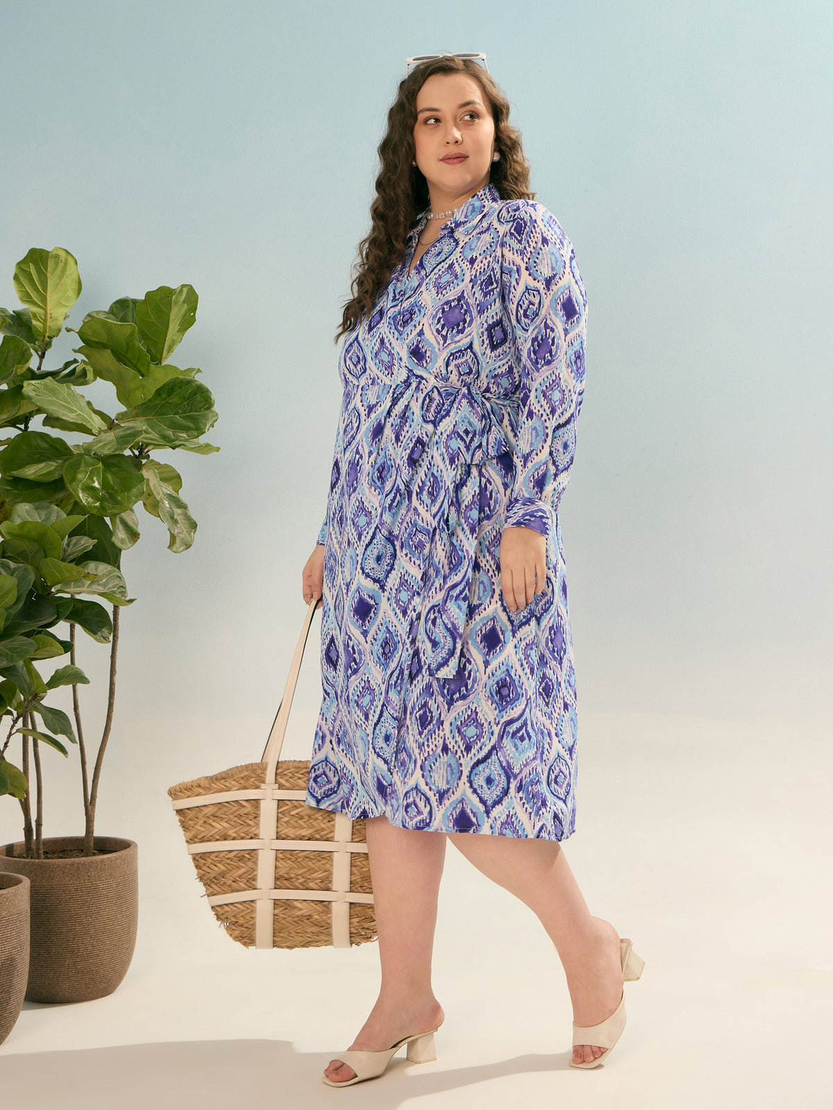 Blue Printed Wrap Midi Dress-SASSAFRAS Curve
