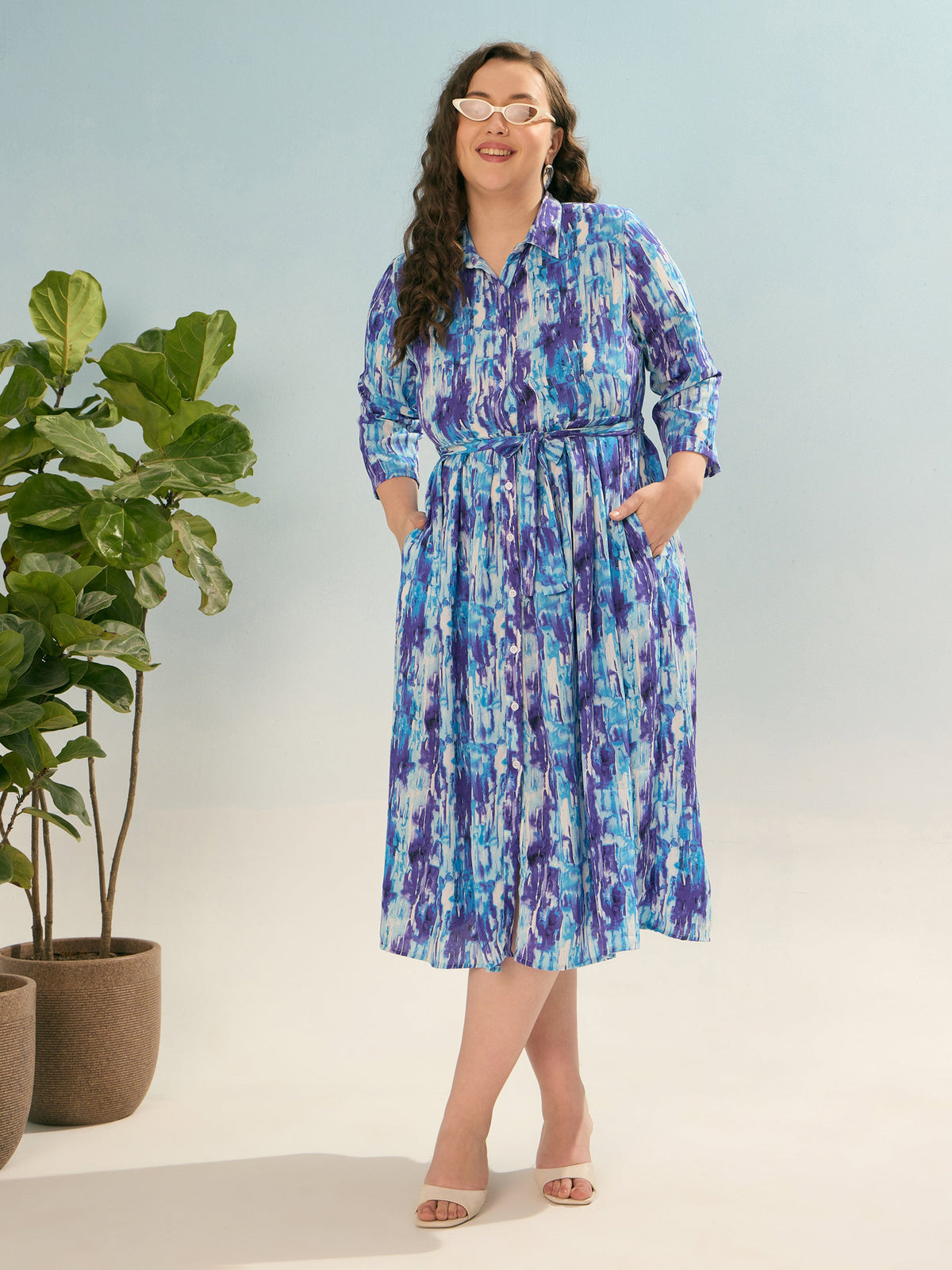 Blue Printed Belted Midi Shirt Dress-SASSAFRAS Curve