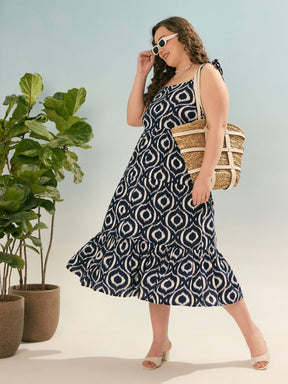 Navy Geometric Tie Up Tiered Dress-SASSAFRAS Curve