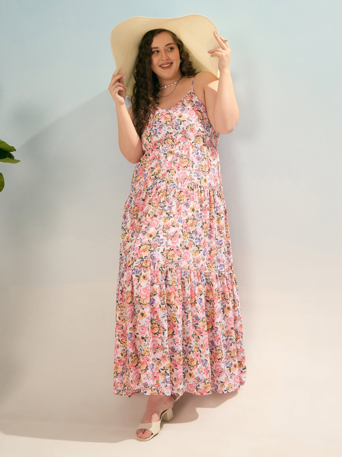 Off White Multi Floral Strappy Tiered Maxi Dress-SASSAFRAS Curve