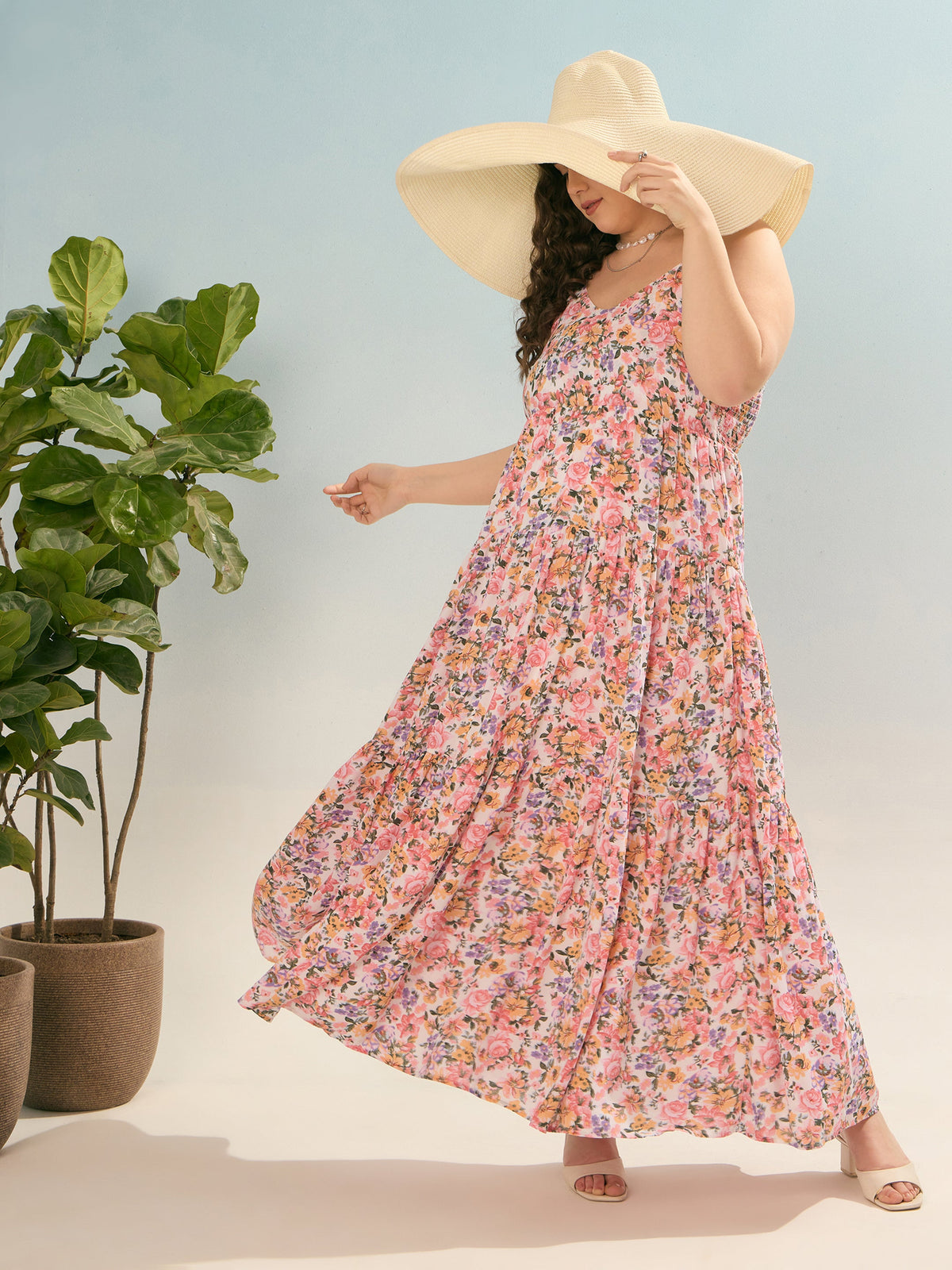 Off White Multi Floral Strappy Tiered Maxi Dress-SASSAFRAS Curve
