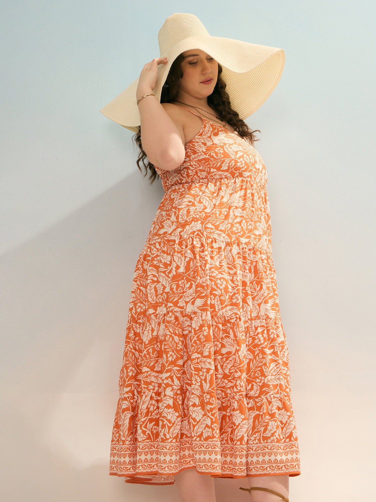 Orange & White Floral Strappy Tiered Maxi Dress-SASSAFRAS Curve