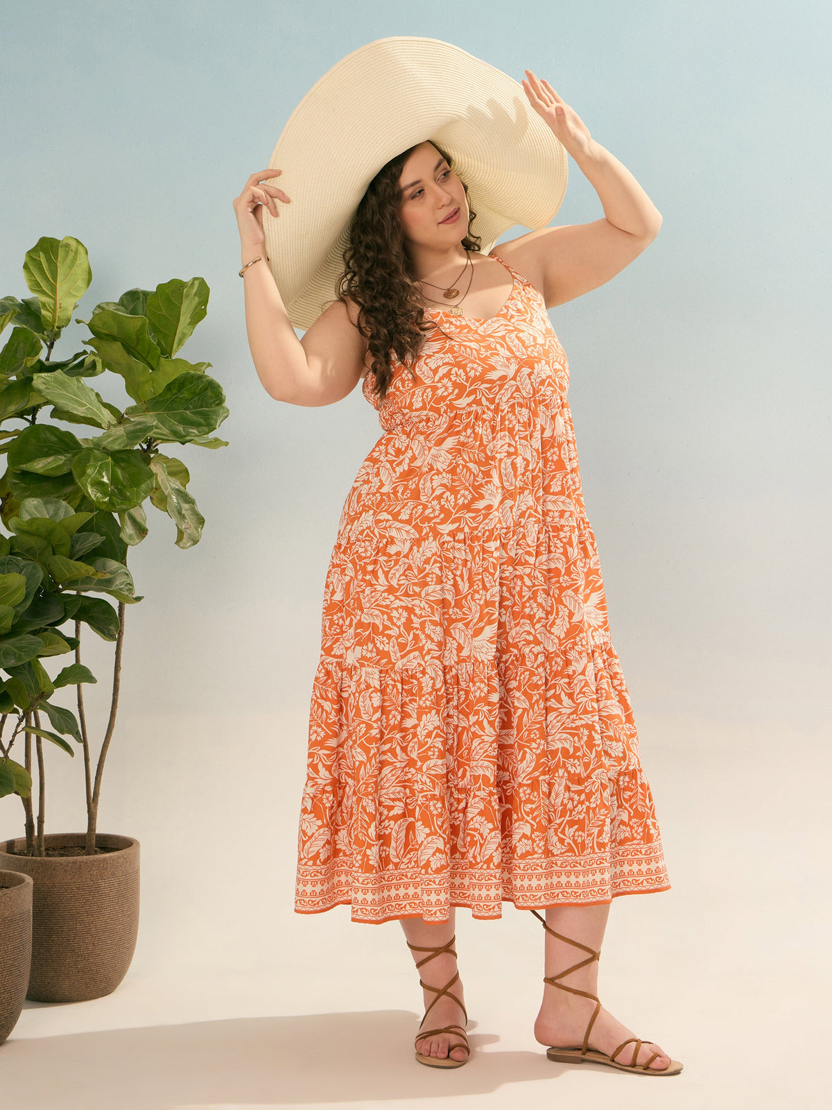 Orange & White Floral Strappy Tiered Maxi Dress-SASSAFRAS Curve