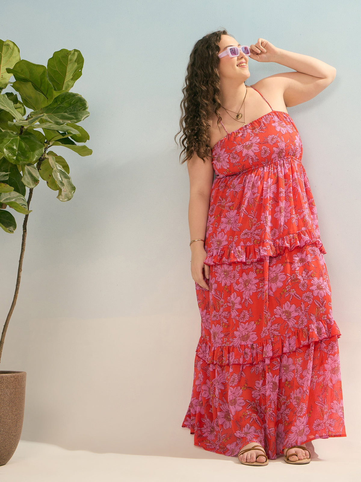 Red & Pink Floral Strappy Maxi Dress-SASSAFRAS Curve