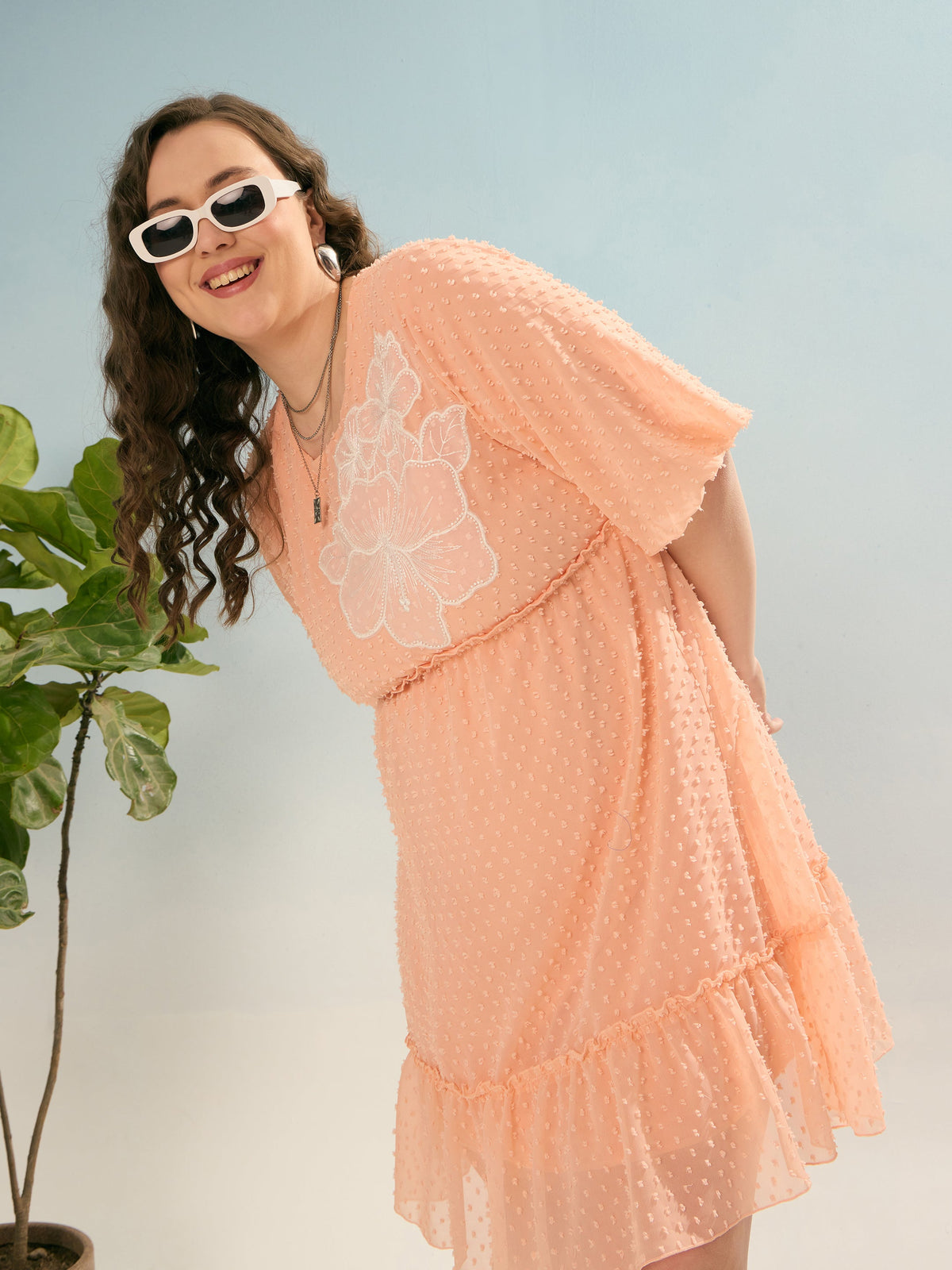 Peach Dobby Puff Sleeve Skater Dress-SASSAFRAS Curve