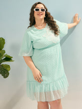 Sea Green Dobby Puff Sleeve Skater Dress-SASSAFRAS Curve
