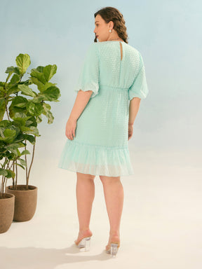 Sea Green Dobby Puff Sleeve Skater Dress-SASSAFRAS Curve