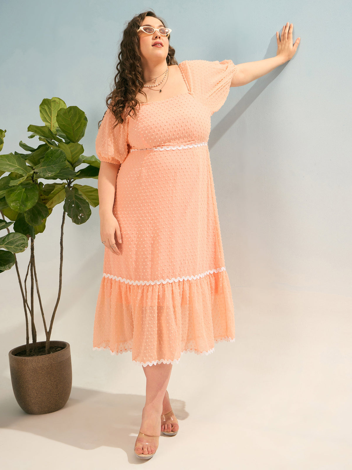 Peach Dobby Back Smocking Midi Dress-SASSAFRAS Curve