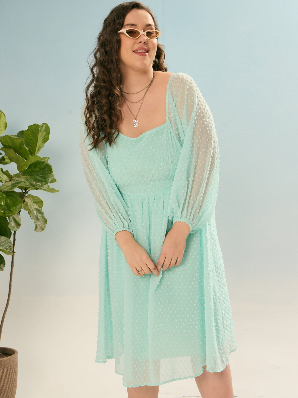Sea Green Dobby Back Smocking Skater Dress-SASSAFRAS Curve