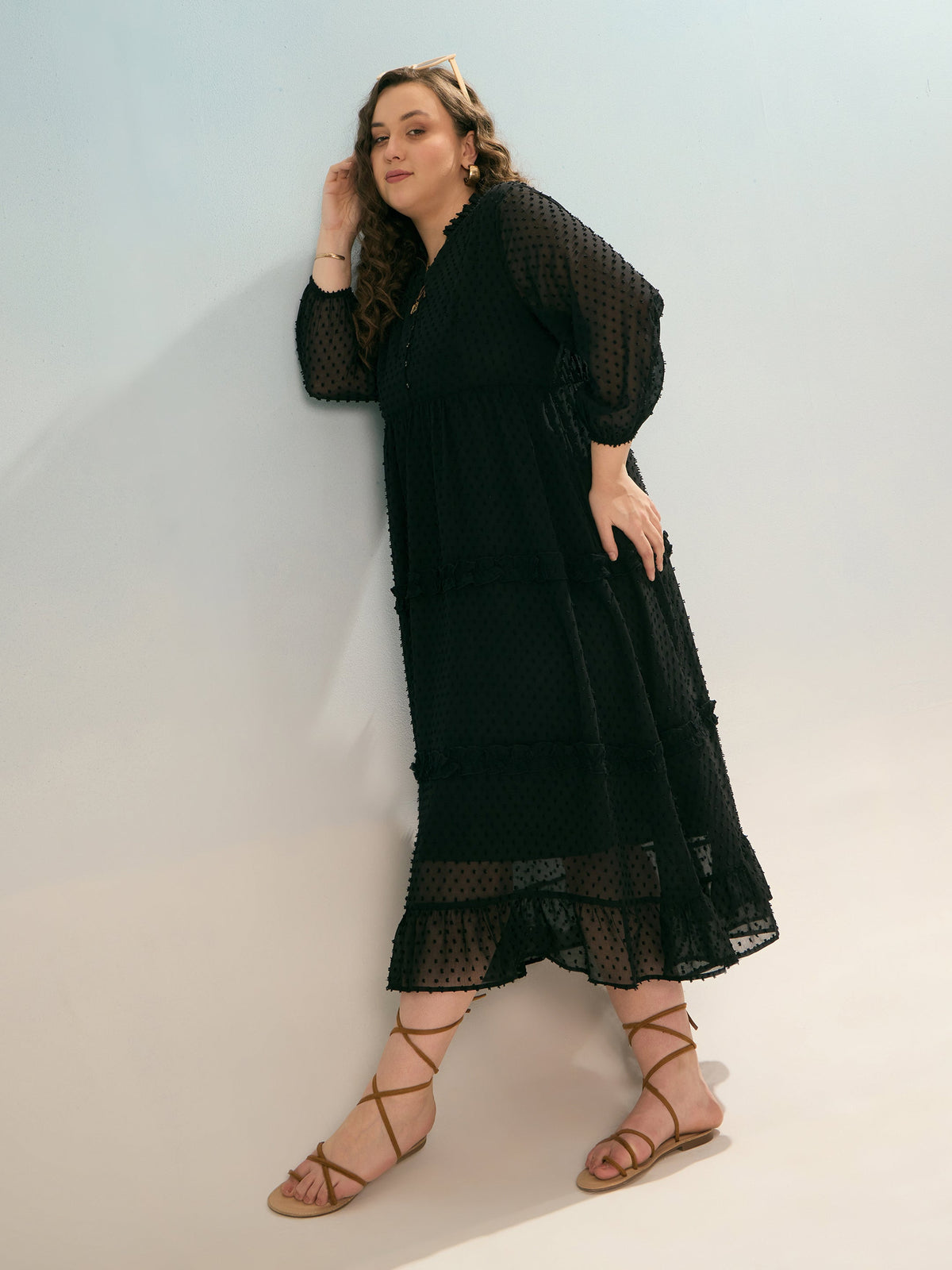 Black Dobby V Neck Tiered Maxi Dress-SASSAFRAS Curve