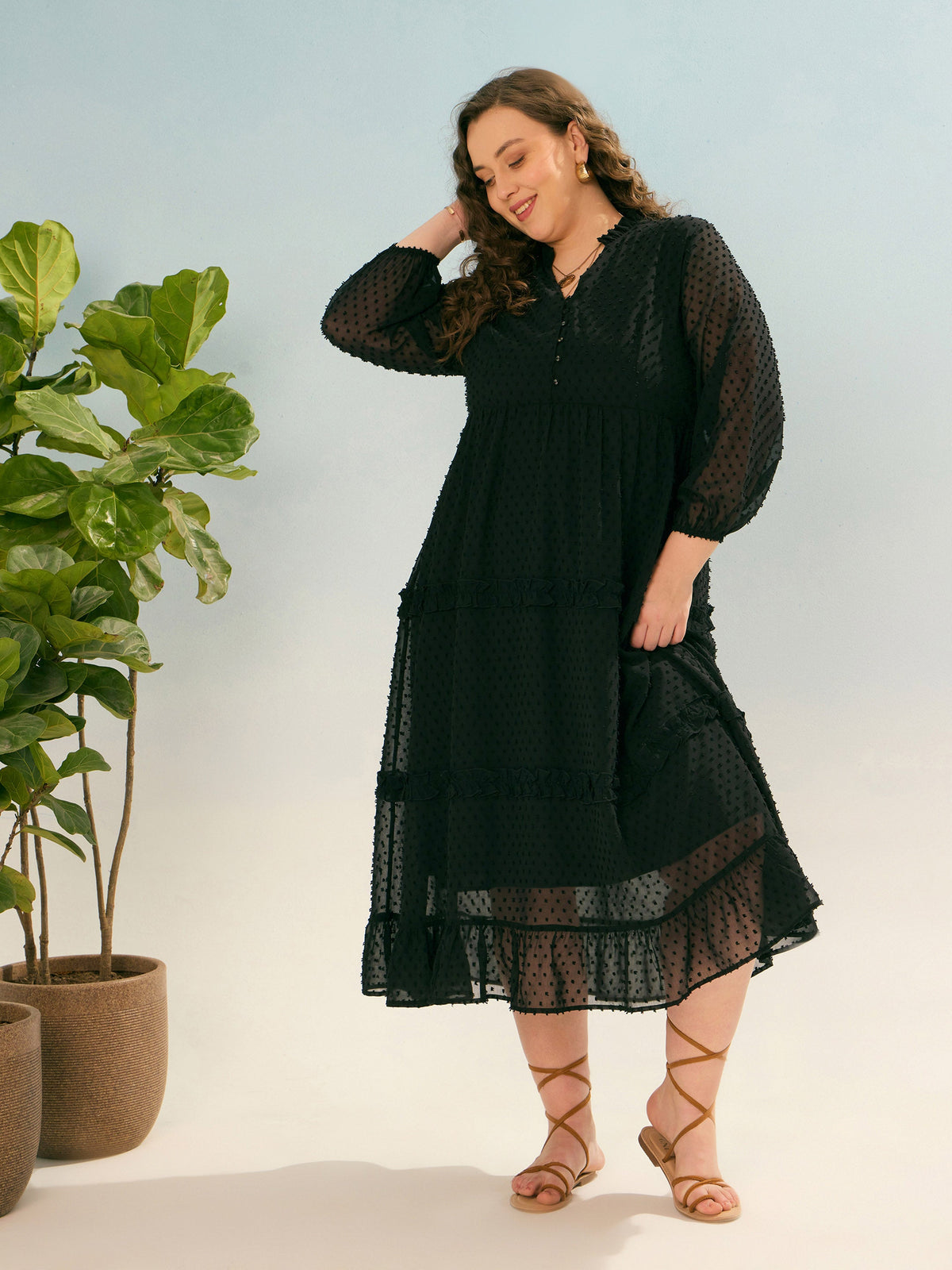 Black Dobby V Neck Tiered Maxi Dress-SASSAFRAS Curve