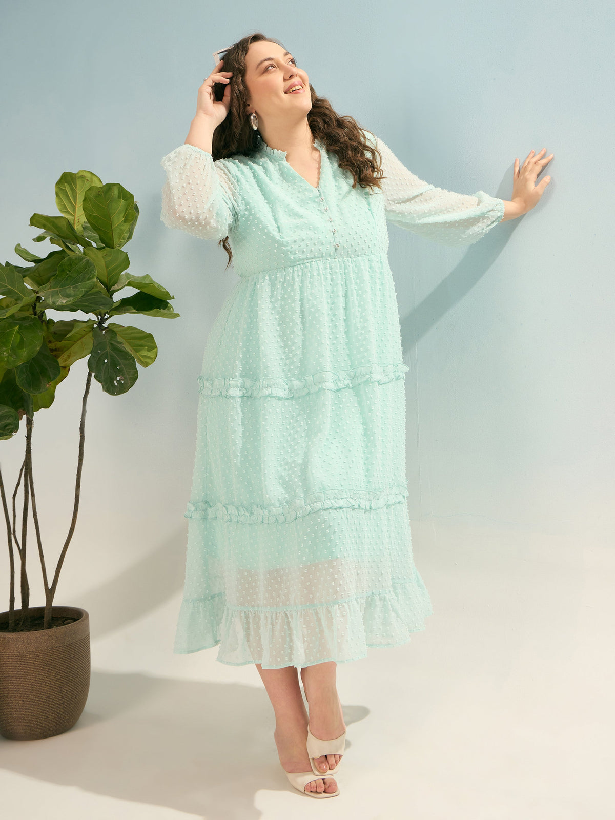 Sea Green Dobby V Neck Tiered Maxi Dress-SASSAFRAS Curve