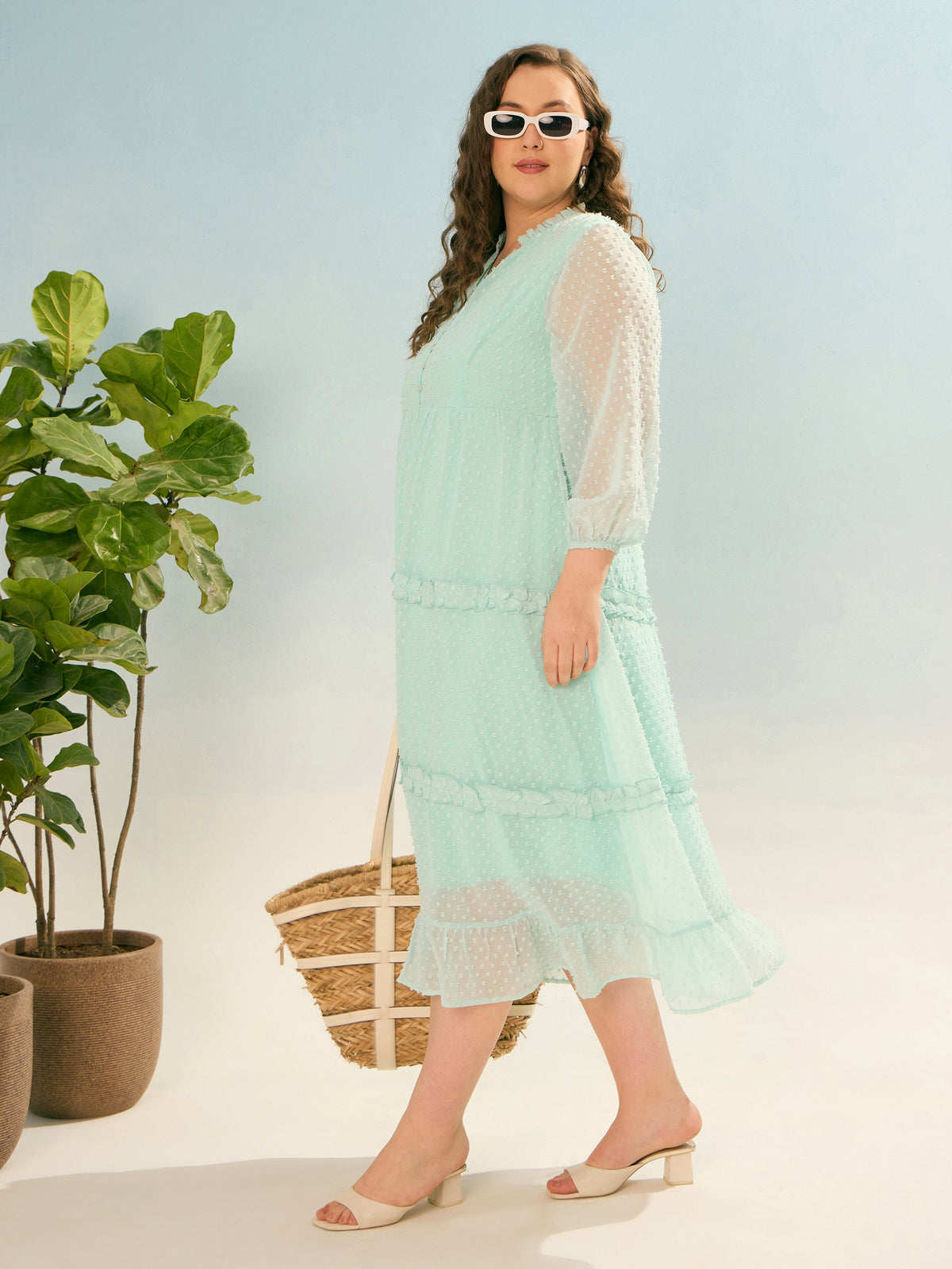 Sea Green Dobby V Neck Tiered Maxi Dress-SASSAFRAS Curve