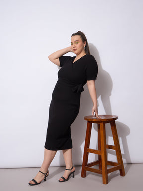 Black Rib Wrap Side Knot Bodycon Midi Dress-SASSAFRAS Curve