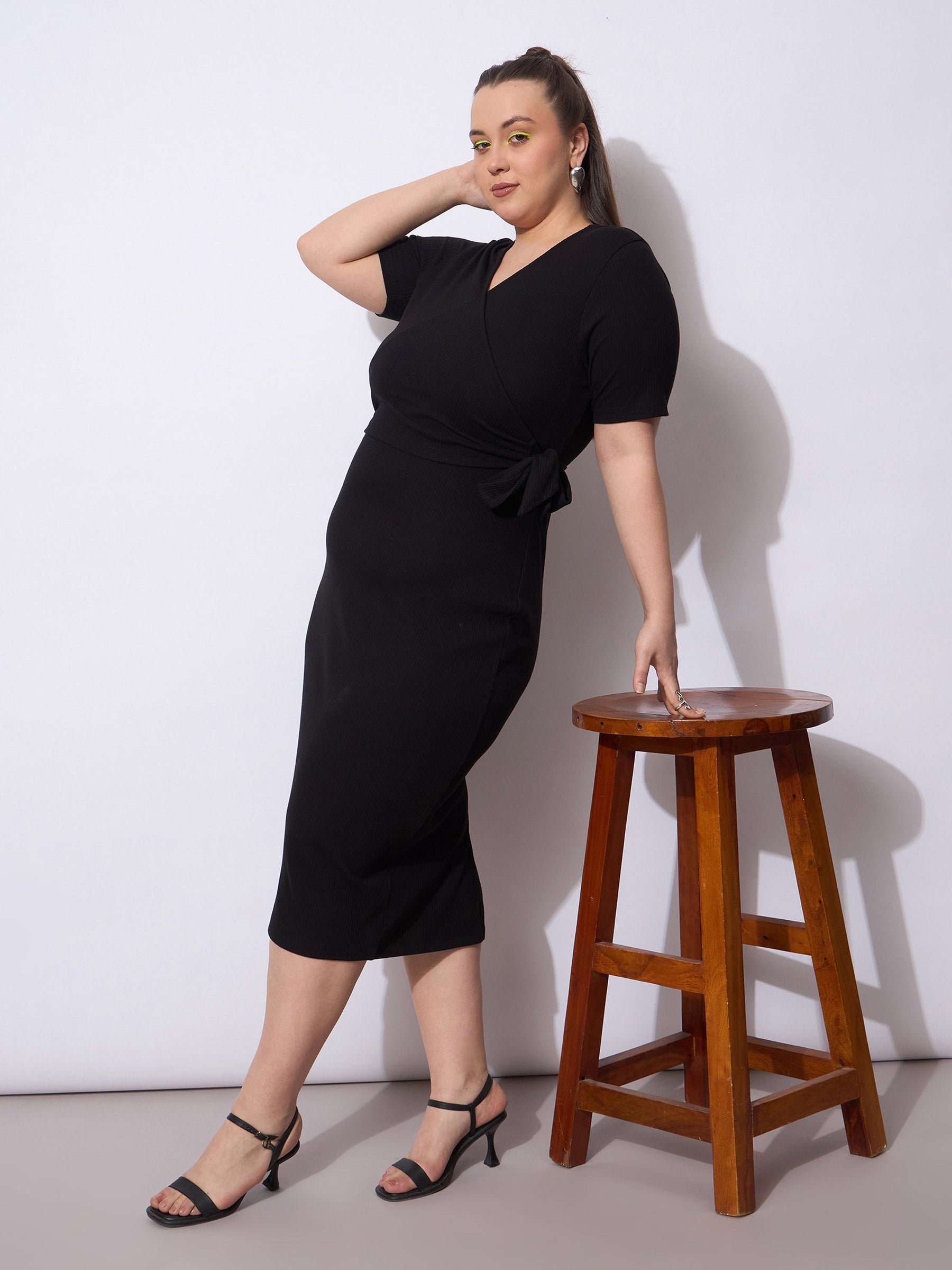 Black Rib Wrap Side Knot Bodycon Midi Dress-SASSAFRAS Curve