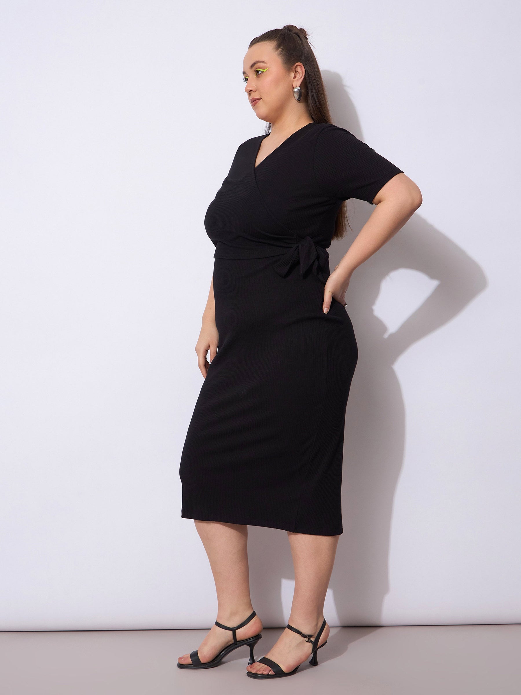 Black Rib Wrap Side Knot Bodycon Midi Dress-SASSAFRAS Curve