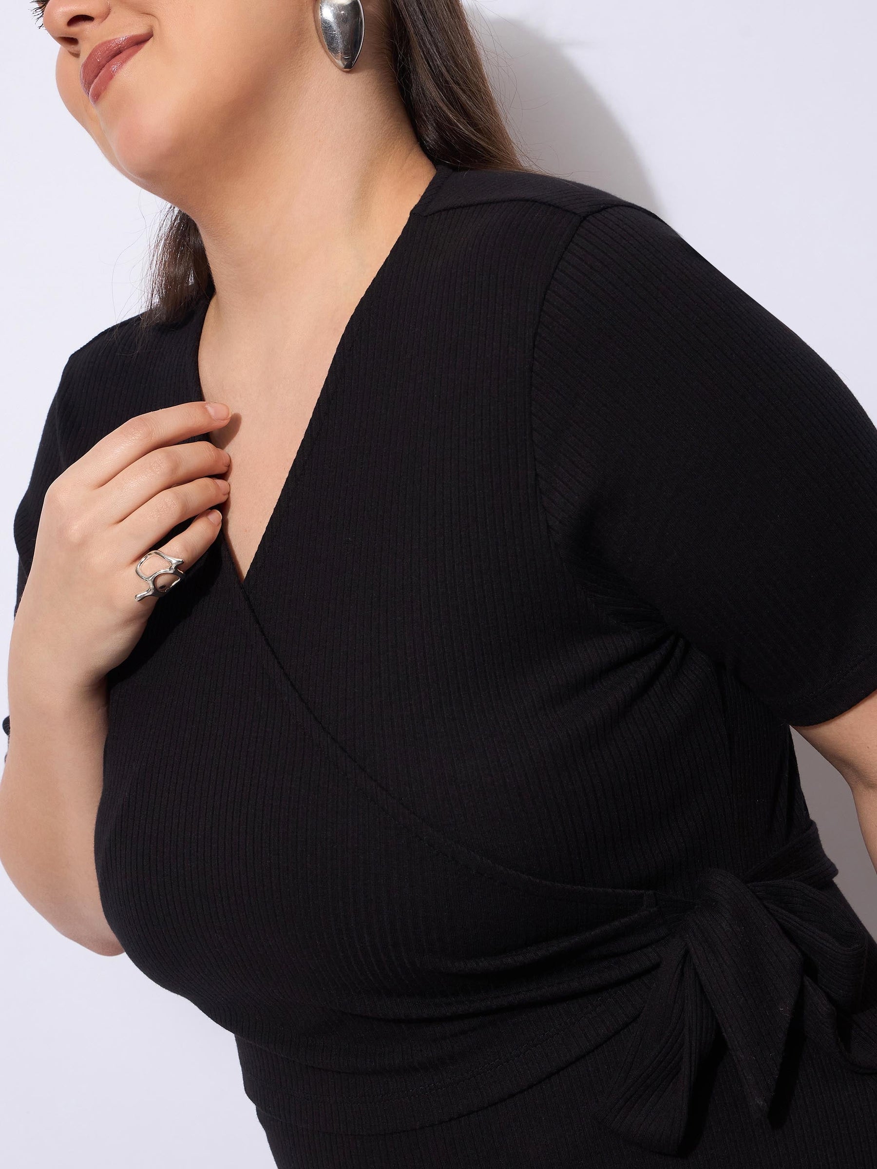Black Rib Wrap Side Knot Bodycon Midi Dress-SASSAFRAS Curve