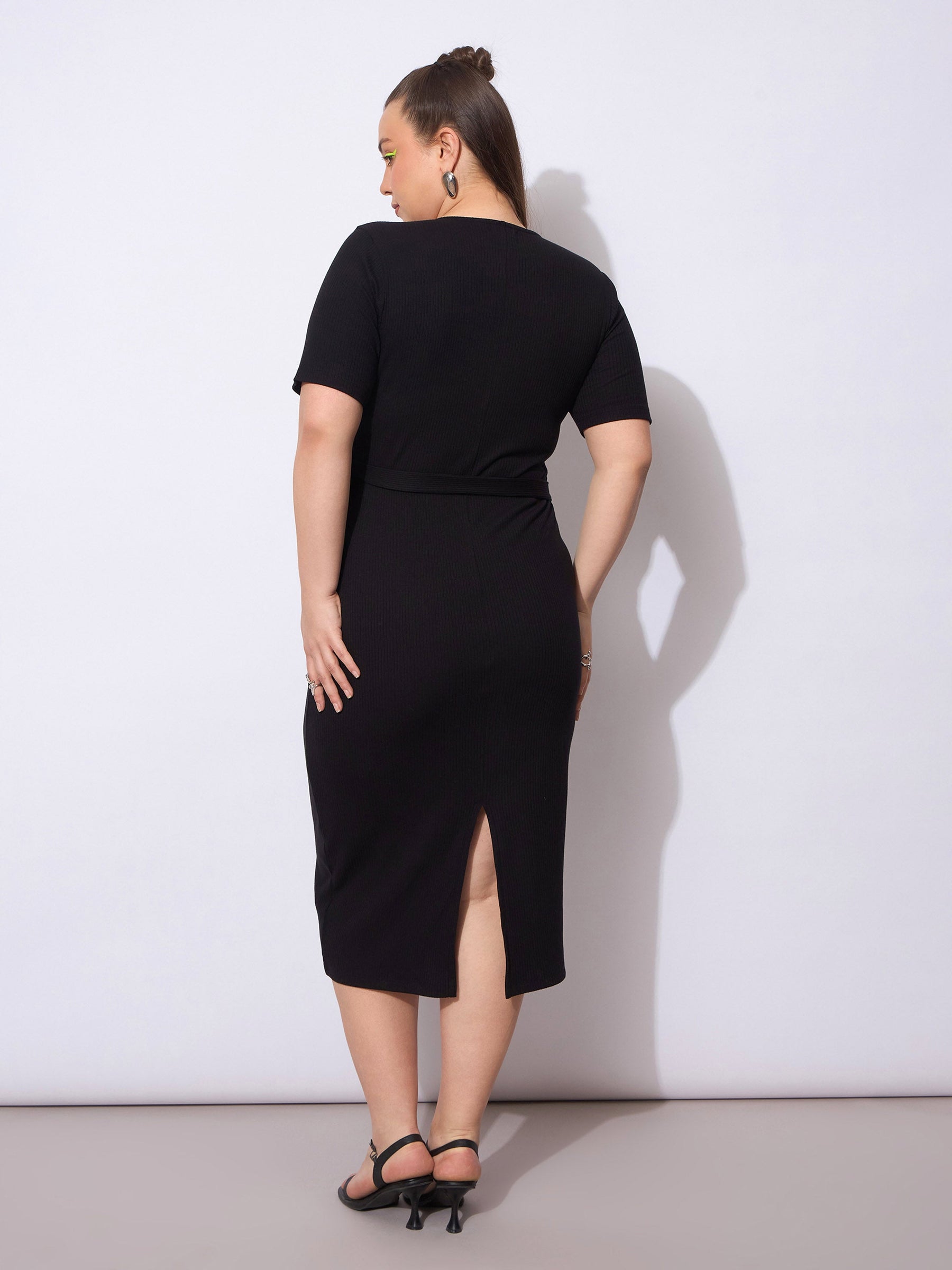 Black Rib Wrap Side Knot Bodycon Midi Dress-SASSAFRAS Curve