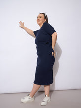 Navy Rib Wrap Side Knot Bodycon Midi Dress-SASSAFRAS Curve