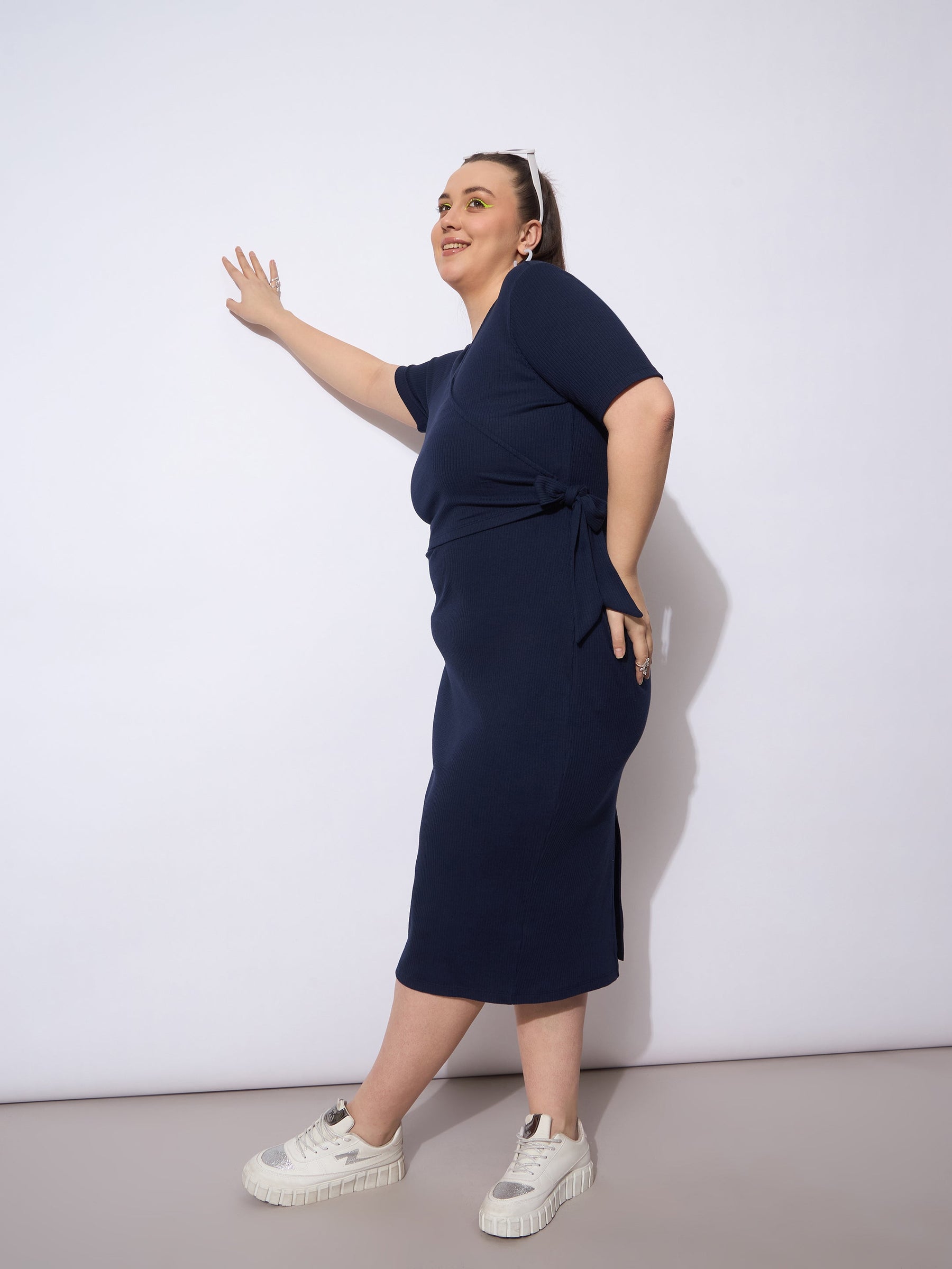 Navy Rib Wrap Side Knot Bodycon Midi Dress-SASSAFRAS Curve