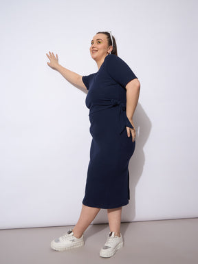 Navy Rib Wrap Side Knot Bodycon Midi Dress-SASSAFRAS Curve
