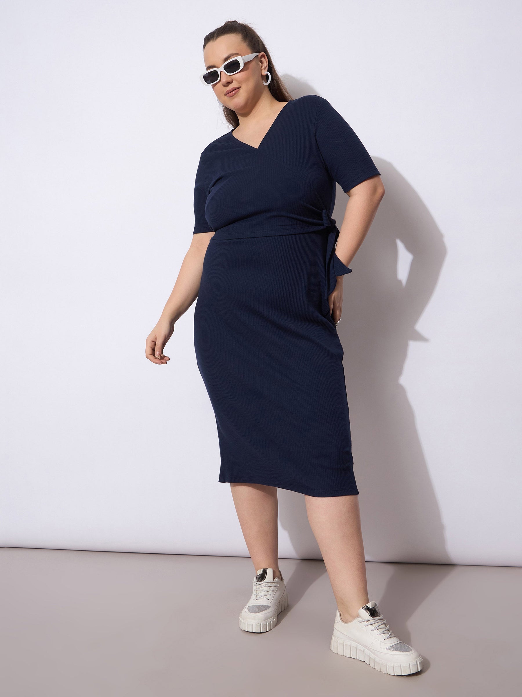 Navy Rib Wrap Side Knot Bodycon Midi Dress-SASSAFRAS Curve