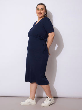 Navy Rib Wrap Side Knot Bodycon Midi Dress-SASSAFRAS Curve