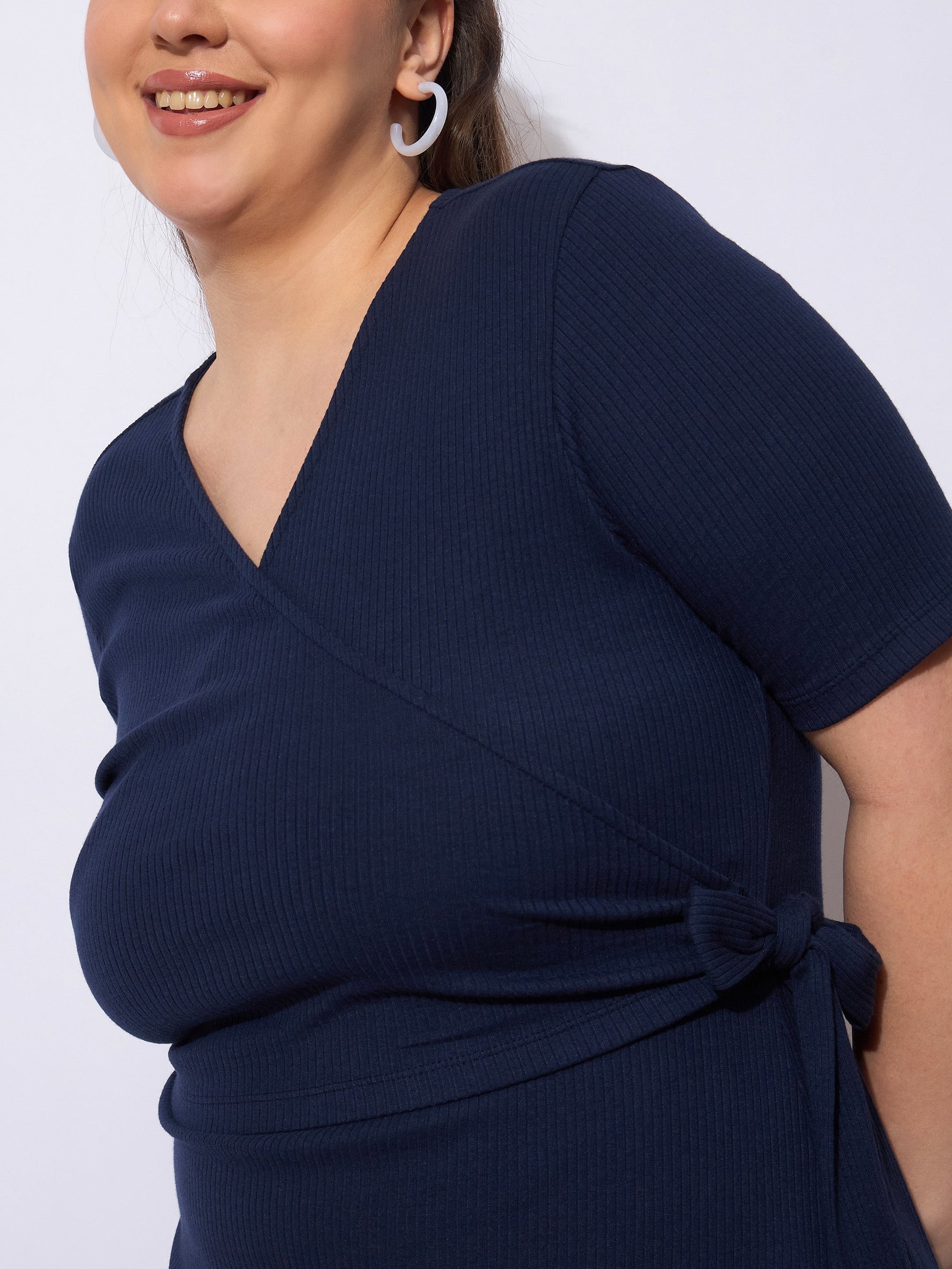 Navy Rib Wrap Side Knot Bodycon Midi Dress-SASSAFRAS Curve