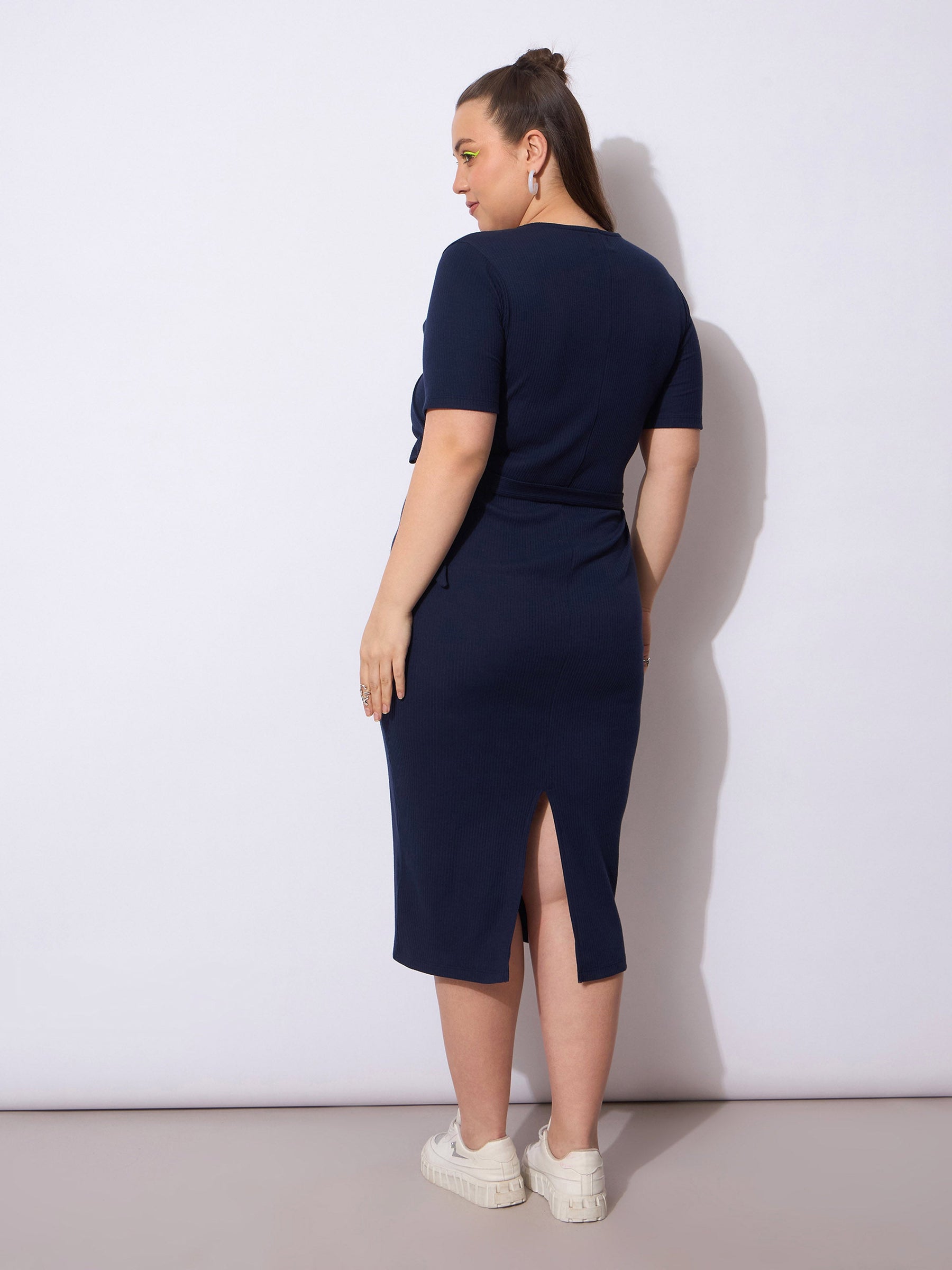 Navy Rib Wrap Side Knot Bodycon Midi Dress-SASSAFRAS Curve