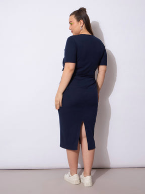 Navy Rib Wrap Side Knot Bodycon Midi Dress-SASSAFRAS Curve