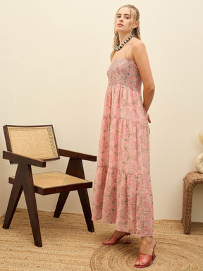 Pink Floral Strappy Smocked Maxi Dress-SASSAFRAS