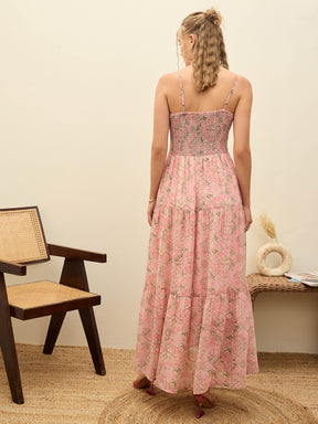 Pink Floral Strappy Smocked Maxi Dress-SASSAFRAS