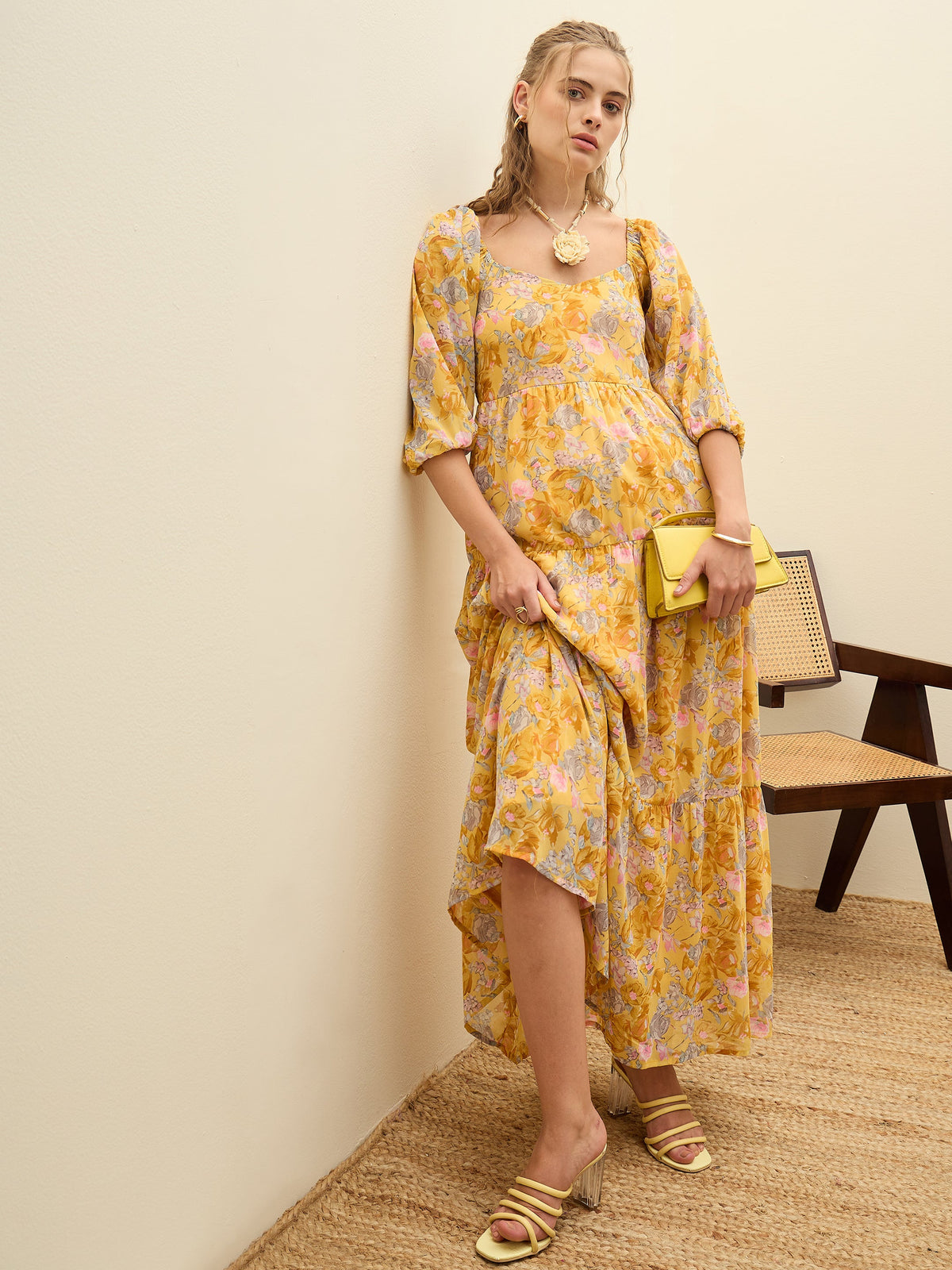 Yellow Floral Sweetheart Neck Maxi Dress-SASSAFRAS
