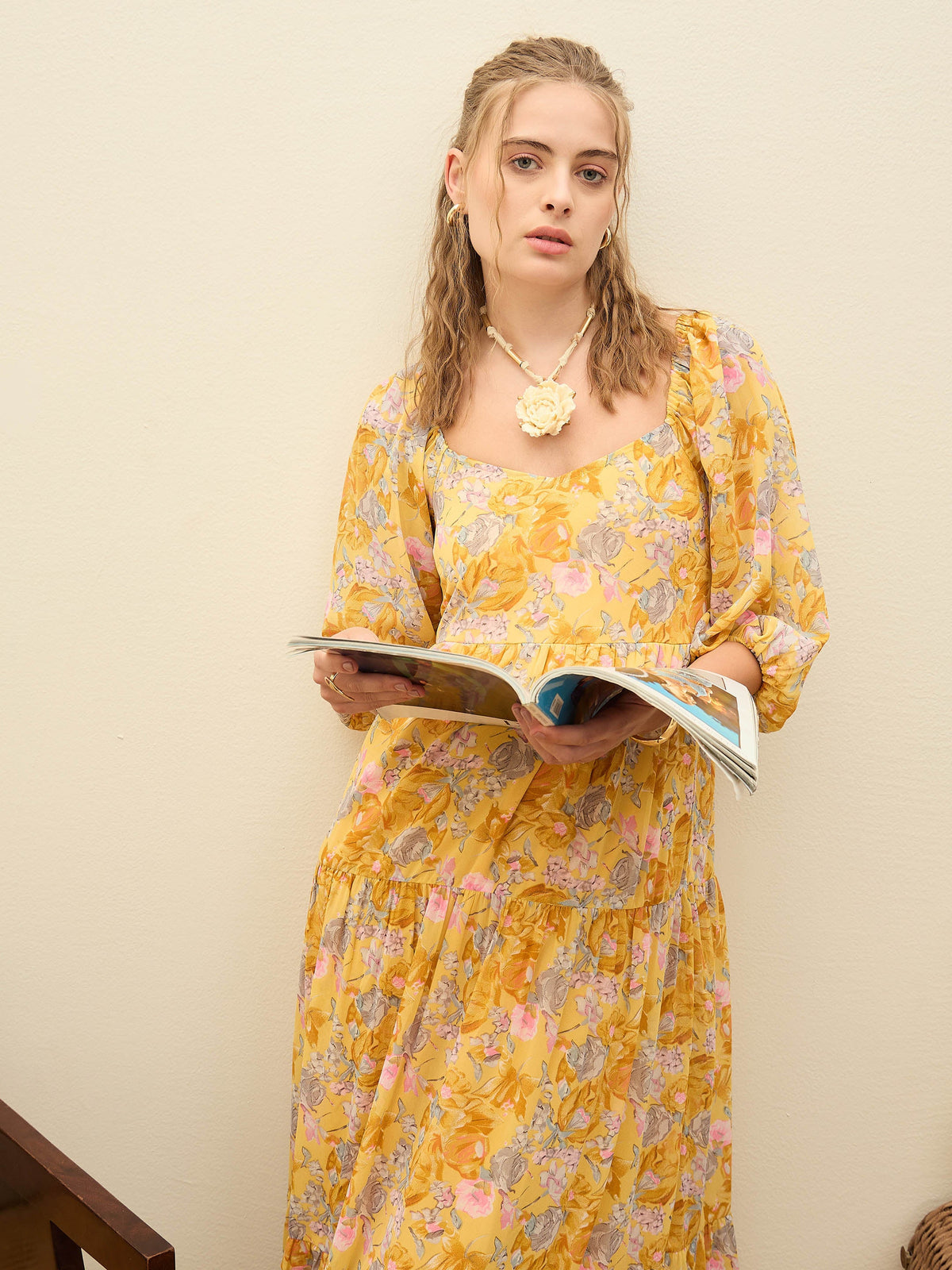 Yellow Floral Sweetheart Neck Maxi Dress-SASSAFRAS