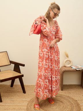 Red Floral Sweetheart Neck Maxi Dress-SASSAFRAS