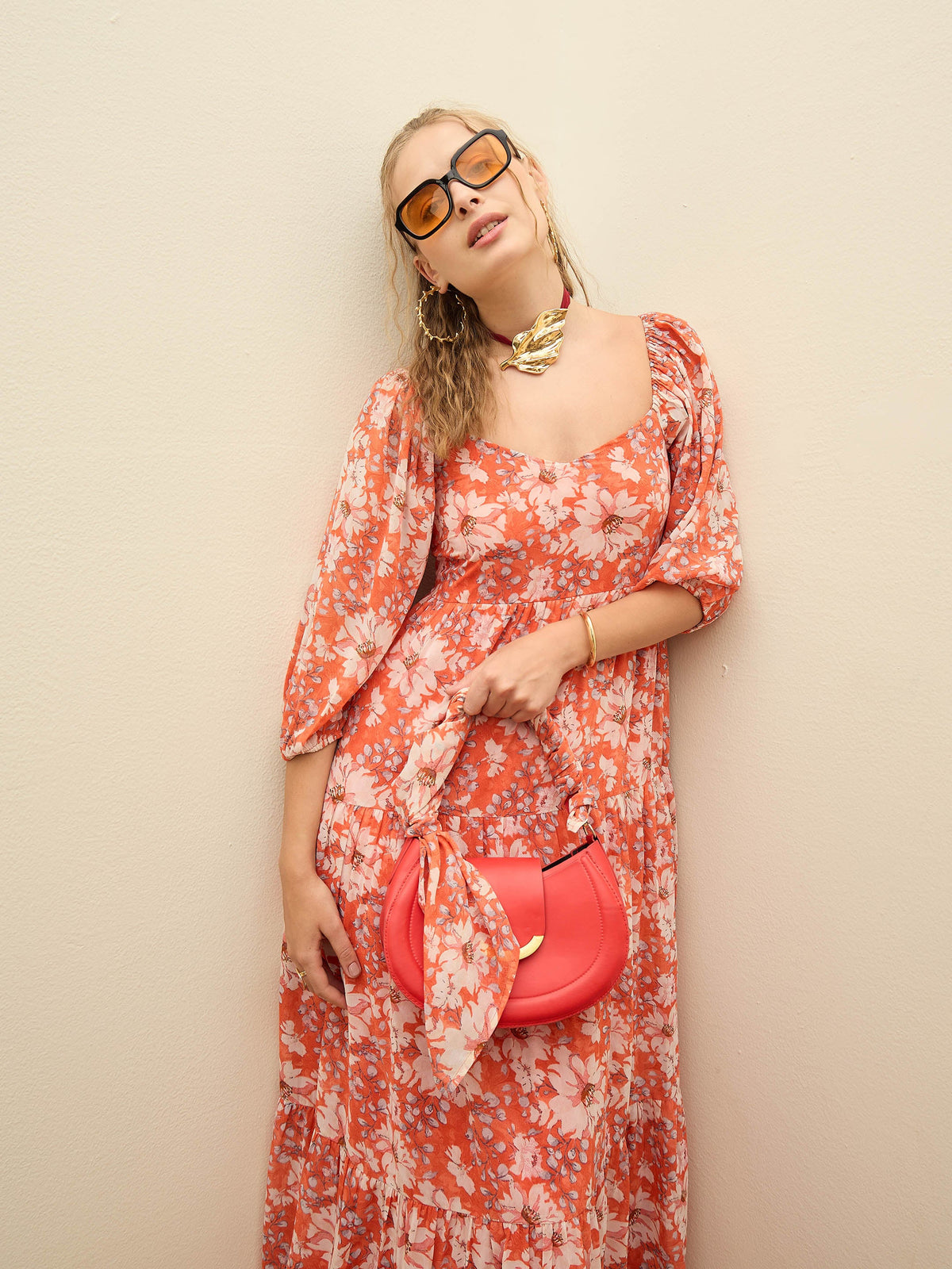 Red Floral Sweetheart Neck Maxi Dress-SASSAFRAS