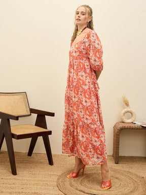 Red Floral Sweetheart Neck Maxi Dress-SASSAFRAS