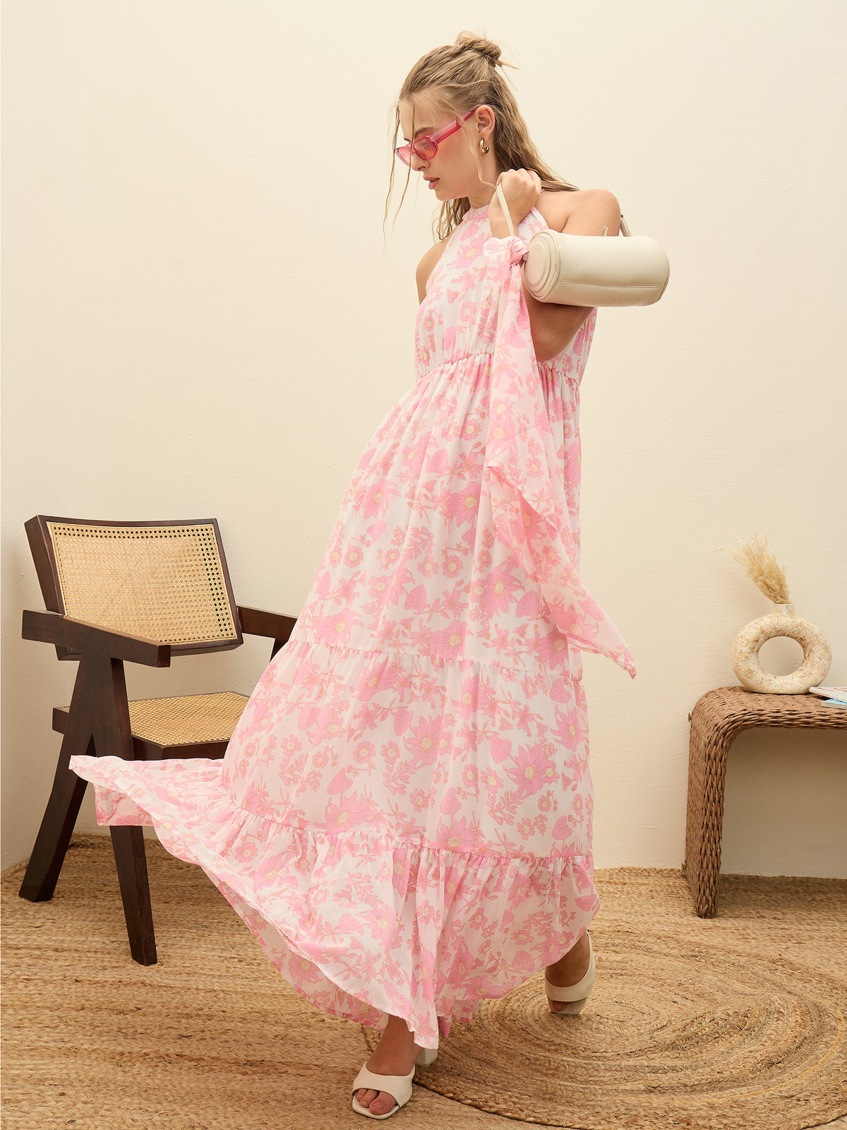 White Floral Halter-Neck Maxi Dress-SASSAFRAS